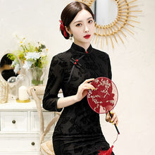 Load image into Gallery viewer, 3/4 Sleeve Traditional Cheongsam Knee Length Floral Lace Chinese Dress
