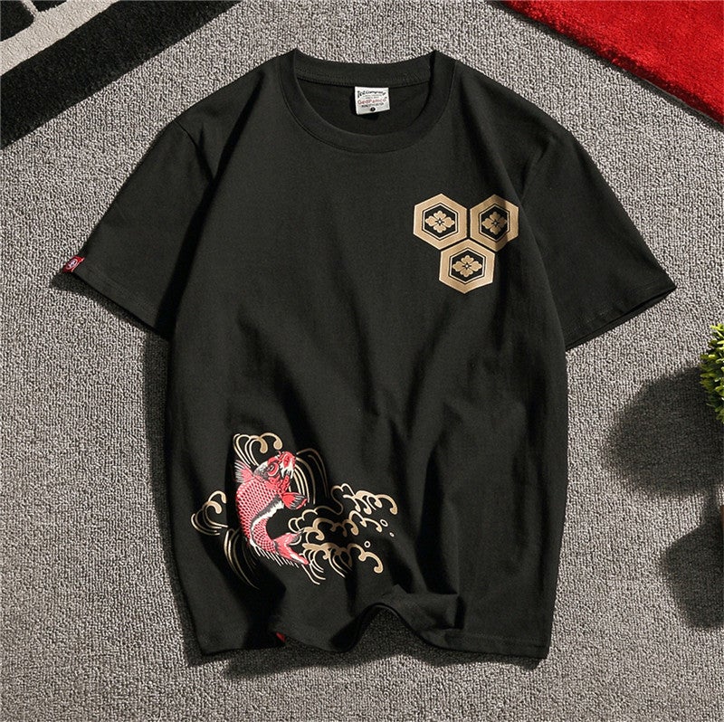 100% Cotton Round Neck Fish Print Chinese T-shirt