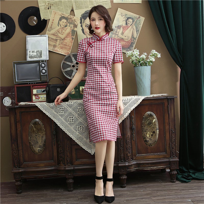 1930's Shanghai Plaids & Checks Pattern Cheongsam Chinese Dress