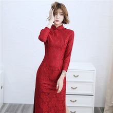 Load image into Gallery viewer, 3/4 Sleeve Floral Lace Modern Cheongsam Tea Length Chinese Dress
