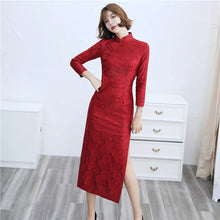 Load image into Gallery viewer, 3/4 Sleeve Floral Lace Modern Cheongsam Tea Length Chinese Dress
