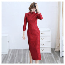 Load image into Gallery viewer, 3/4 Sleeve Floral Lace Modern Cheongsam Tea Length Chinese Dress
