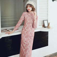 Load image into Gallery viewer, 3/4 Sleeve Floral Lace Modern Cheongsam Tea Length Chinese Dress
