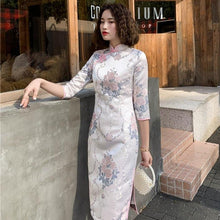 Load image into Gallery viewer, 3/4 Sleeve Floral Brocade Retro Cheongsam Knee Length Chinese Dress
