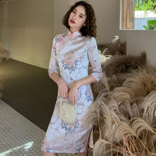 Load image into Gallery viewer, 3/4 Sleeve Floral Brocade Retro Cheongsam Knee Length Chinese Dress
