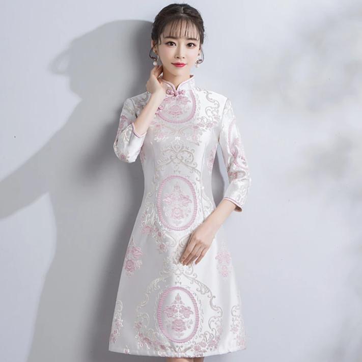 3/4 Sleeve Floral Brocade Modern Cheongsam Chinese Dress