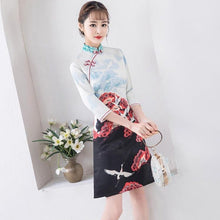 Load image into Gallery viewer, 3/4 Sleeve Crane &amp; Floral Pattern Cheongsam Spandex Chinese Dress
