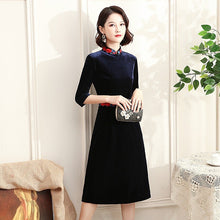 Load image into Gallery viewer, 3/4 Sleeve Floral Embroidery Knee Length Velvet Chinese Dress
