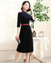 Load image into Gallery viewer, 3/4 Sleeve Floral Embroidery Knee Length Velvet Chinese Dress
