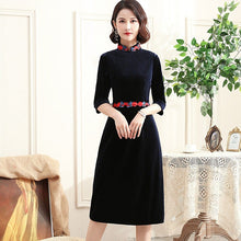 Load image into Gallery viewer, 3/4 Sleeve Floral Embroidery Knee Length Velvet Chinese Dress
