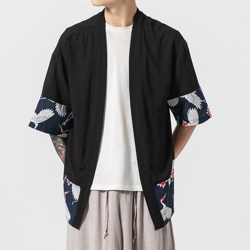 Crane Pattern Men's Cardigan Kimono Shirt Samurai Costume