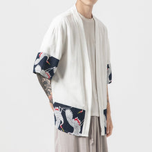 Muatkan imej ke dalam penonton Galeri, Crane Pattern Men&#39;s Cardigan Kimono Shirt Samurai Costume
