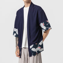 Muatkan imej ke dalam penonton Galeri, Crane Pattern Men&#39;s Cardigan Kimono Shirt Samurai Costume
