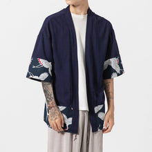 Muatkan imej ke dalam penonton Galeri, Crane Pattern Men&#39;s Cardigan Kimono Shirt Samurai Costume
