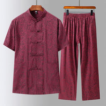 Muatkan imej ke dalam penonton Galeri, Floral Signature Cotton Short Sleeve Chinese Style Leisure Suit with Strap Buttons
