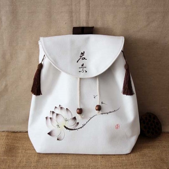 Hand Painted Lotus Chinese Style Canvas Backpack Schoolbag with Tassel