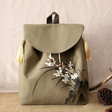 Muatkan imej ke dalam penonton Galeri, Hand Drawing Orchid Chinese Style Canvas Backpack Schoolbag with Tassels
