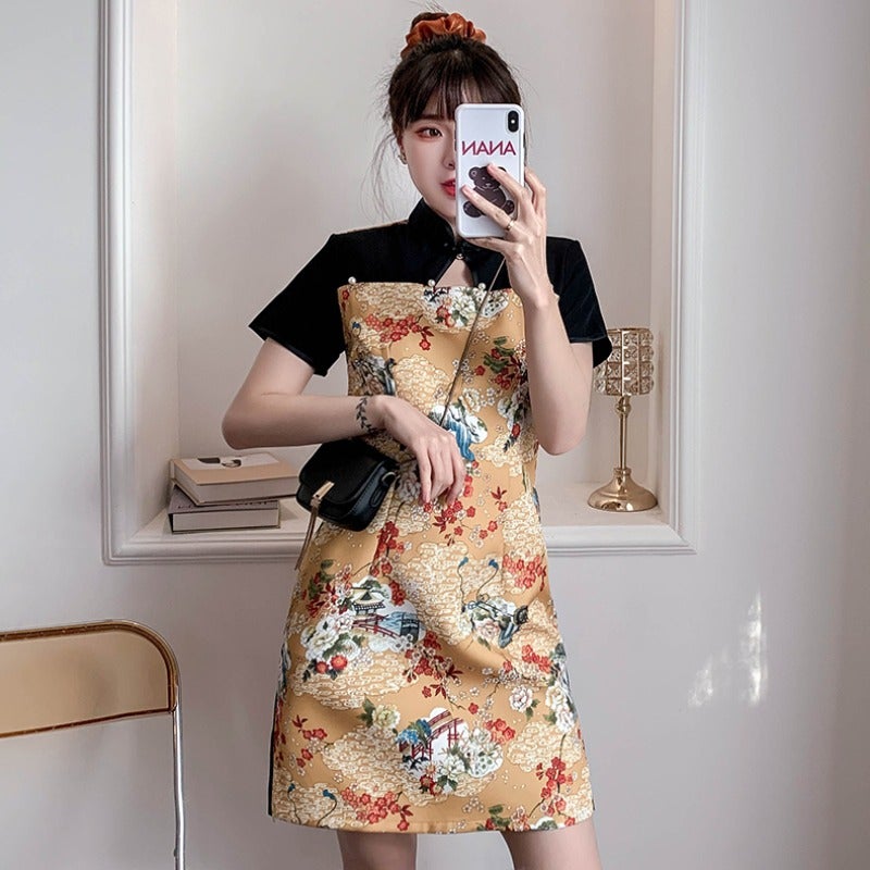 Spliced Floral Modern Cheongsam Chic Plus Size A-Line Dress