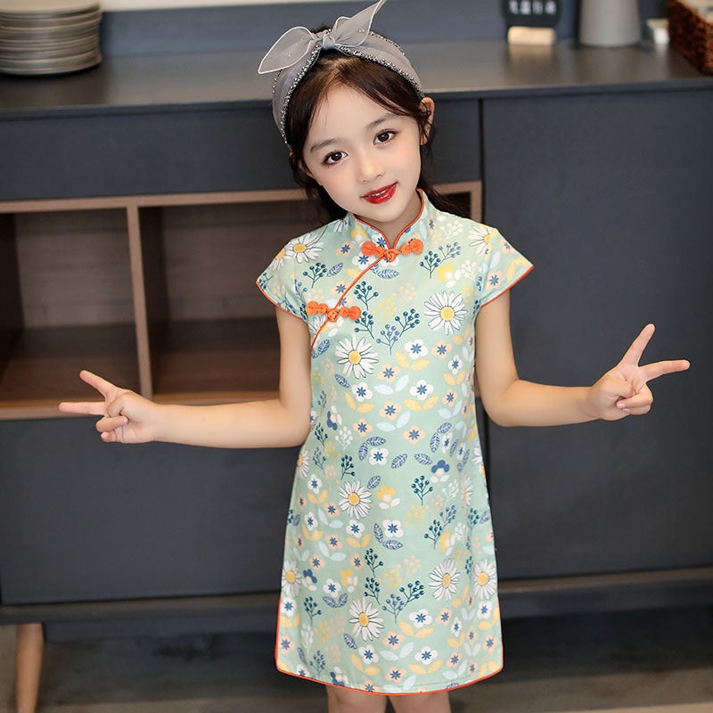 Stretchy Kid's Cheongsam Knee Length Floral Chinese Dress