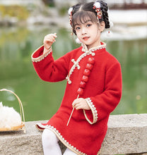 Muatkan imej ke dalam penonton Galeri, Woolen Kid&#39;s Cheongsam Traditional Chinese Dress with Lace Edge
