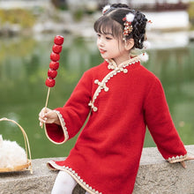 Muatkan imej ke dalam penonton Galeri, Woolen Kid&#39;s Cheongsam Traditional Chinese Dress with Lace Edge
