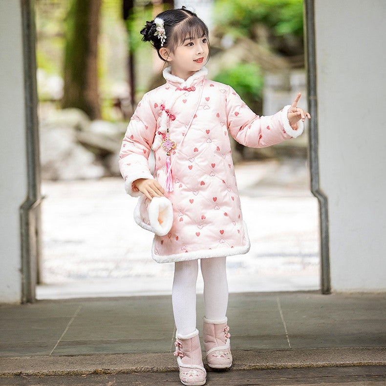 Sweetheart Pattern Wadded Kid's Cheongsam Knee Length Chinese Dress