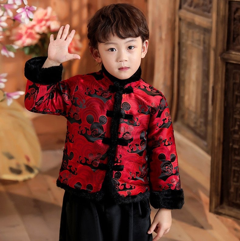 Mickey Pattern Brocade Fur Edge Tradtional Chinese Style Boy's Wadded Suit