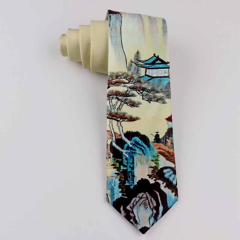 Chinese Landscape Painting Pattern Oriental Style Gentleman Necktie