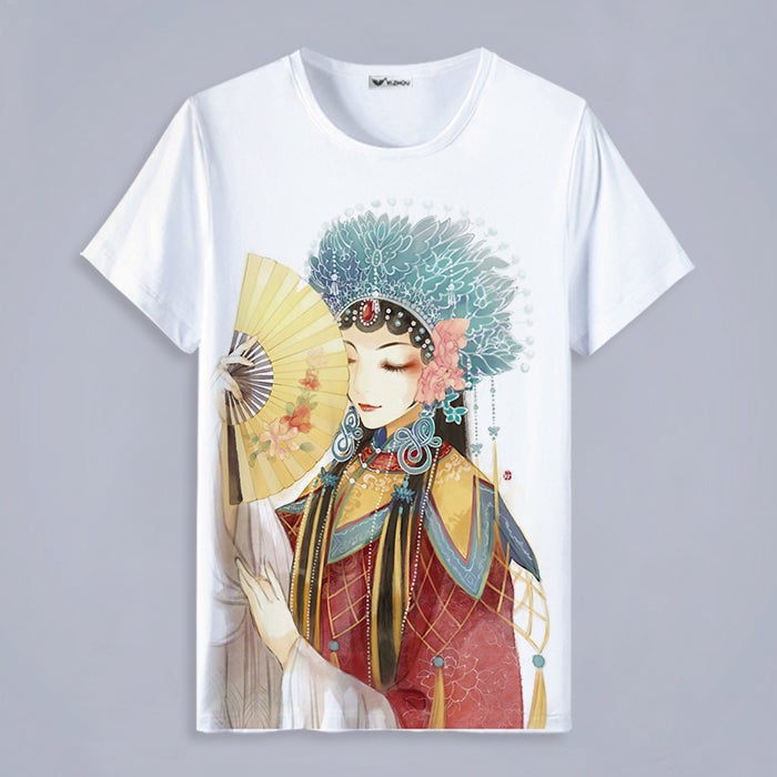 Round Neck Short Sleeve Peking Opera Themed Women's T-shirt