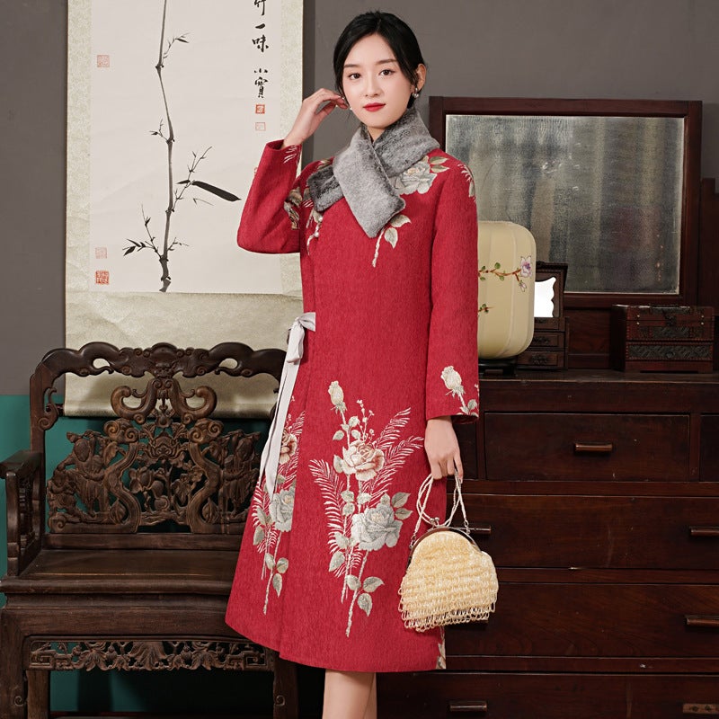 Long Sleeve Fancy Cotton Fur Collar Chinese Style Floral Wadded Coat