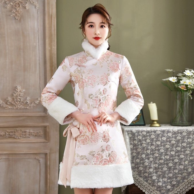 Floral Brocade Fur Edge Women's Chinese Style Wadded Coat with Bowknot Belt