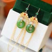 Load image into Gallery viewer, Gilding Flower &amp; Round Button Shape Jade Chinese Style Earrings
