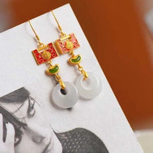 Load image into Gallery viewer, Lock Shape &amp; White Jade Chinese Style Gilding Earrings
