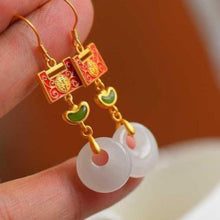 Load image into Gallery viewer, Lock Shape &amp; White Jade Chinese Style Gilding Earrings
