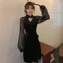 Muatkan imej ke dalam penonton Galeri, Long Illusion Sleeve Lolita Style Velvet Chinese Dress Little Black Dress
