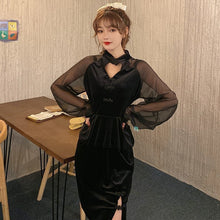 Load image into Gallery viewer, Long Illusion Sleeve Lolita Style Velvet Chinese Dress Little Black Dress
