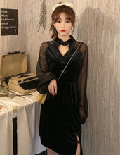 Muatkan imej ke dalam penonton Galeri, Long Illusion Sleeve Lolita Style Velvet Chinese Dress Little Black Dress
