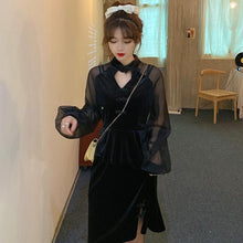 Load image into Gallery viewer, Long Illusion Sleeve Lolita Style Velvet Chinese Dress Little Black Dress
