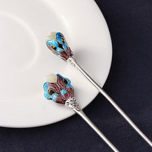 Load image into Gallery viewer, Jade &amp; Cloisonne Lotus Designed Sterling Silver Retro Chinese Style Hairpin with Tassel
