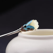 Load image into Gallery viewer, Jade &amp; Cloisonne Lotus Designed Sterling Silver Retro Chinese Style Hairpin with Tassel
