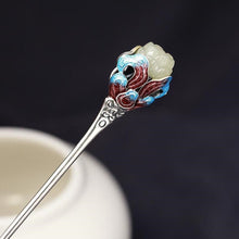 Load image into Gallery viewer, Jade &amp; Cloisonne Lotus Designed Sterling Silver Retro Chinese Style Hairpin with Tassel
