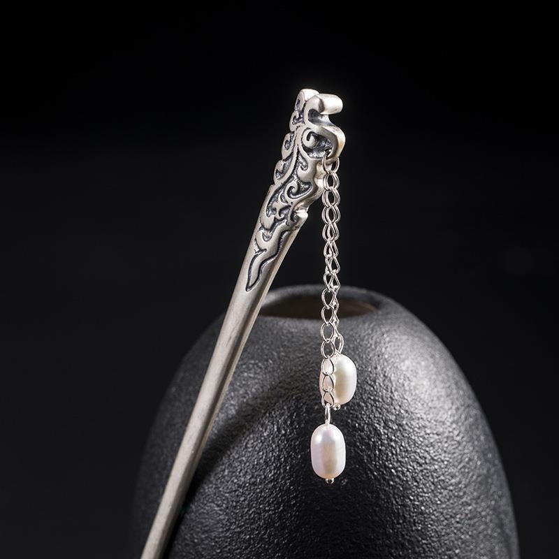 Sterling Silver Retro Chinese Style Hairpin with Pearl Tassels