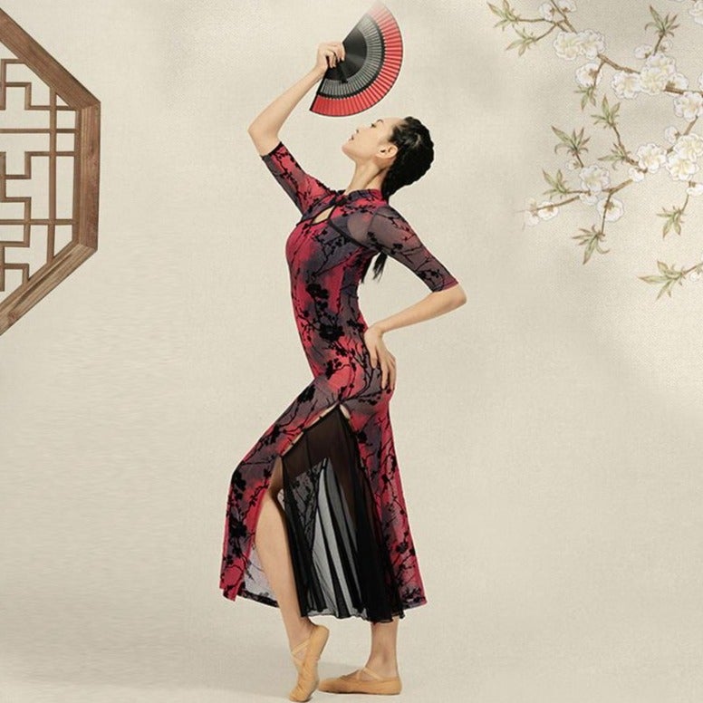 Stretchy Floral Cheongsam Dress Chinese Style Dance Dress