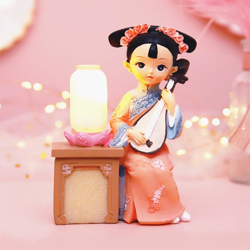 Qing Dynasty Chinese Ancient Girl Little Night Lamp Oriental Desktop Decor