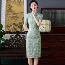 Load image into Gallery viewer, Short Sleeve Floral Fancy Cotton Retro Cheongsam Knee Length Chinese Dress
