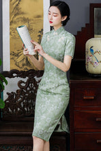 Load image into Gallery viewer, Short Sleeve Floral Fancy Cotton Retro Cheongsam Knee Length Chinese Dress
