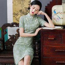 Load image into Gallery viewer, Short Sleeve Floral Fancy Cotton Retro Cheongsam Knee Length Chinese Dress
