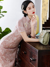 Load image into Gallery viewer, Short Sleeve Floral Fancy Cotton Retro Cheongsam Knee Length Chinese Dress
