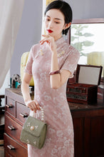 Load image into Gallery viewer, Short Sleeve Floral Fancy Cotton Retro Cheongsam Knee Length Chinese Dress
