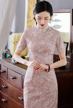 Load image into Gallery viewer, Short Sleeve Floral Fancy Cotton Retro Cheongsam Knee Length Chinese Dress
